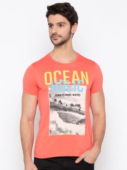 Spykar - Men Coral Cotton Slim Fit Round Neck T-Shirt