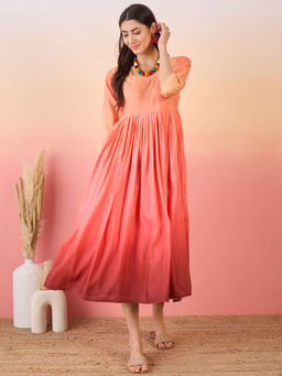 InWeave - Fresh Peach Persian Red Dyed Sweetheart Neck Long Anarkali Dress