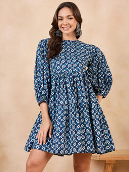 InWeave - Indigo White Motif Print Short Flared Dress