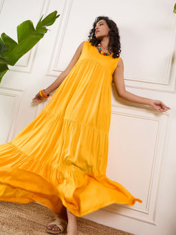 InWeave - Yellow V Neck Sleeveless Long Tiered Dress
