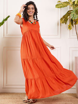 InWeave - Orange V Neck Sleeveless Long Tiered Dress