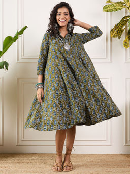 InWeave - Olive Indigo Ajrak Leaves Collar Flared Dress
