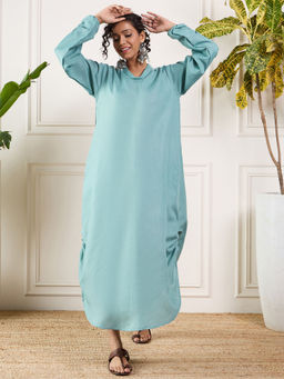 InWeave - Dusty Teal Shawl Neck Long Side Pleat Dress