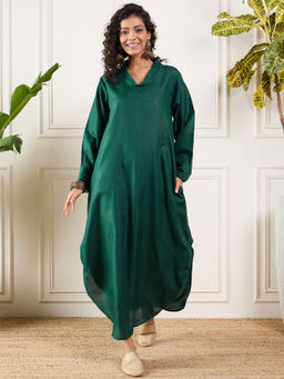 InWeave - Dark Green Shawl Neck Long Side Pleat Dress