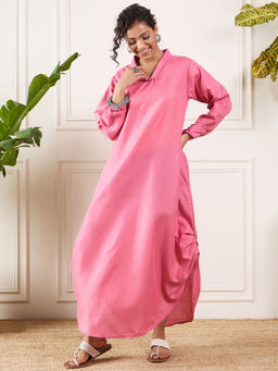 InWeave - Bright Pink Shawl Neck Long Side Pleat Dress