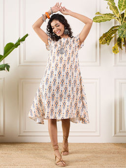 InWeave - Offwhite Orange Black Ikkat Round Neck Aline Dress