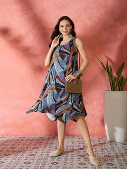 InWeave - Grey Black Abstract Round Neck Dress