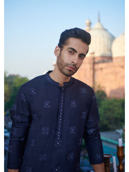 Philocaly - Aibek Slim Fit Embroidered Navy Blue Kurta