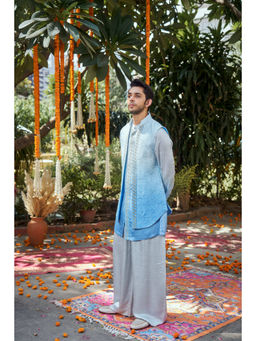 Philocaly - Tarangin Blue Silk Kurta And Trouser With Bandi