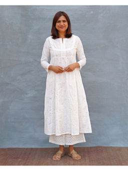 Chidiyaa - Wave Handblock Print Cotton White Kurta