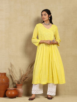 House of Chikankari - Yellow Dobby Cotton Chikankari Solid Women's Angrakha Kurta