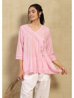 House of Chikankari - Pink Chanderi Chikankari Solid Women's Angrakha Short Kurta