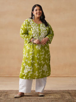 House of Chikankari - HOC Mulmul Chikankari Printed Women's Long Green Kurta