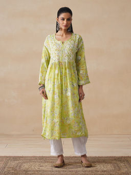 House of Chikankari - Light Green Mulmul Chikankari Printed Women's Long Kurta