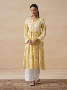 House of Chikankari - Yellow Mulmul Chikankari Printed Women's Long Kurta