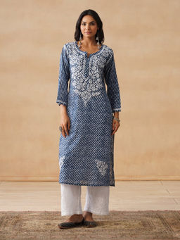 House of Chikankari - HOC Mulmul Chikankari Printed Women's Long Navy Blue Kurta