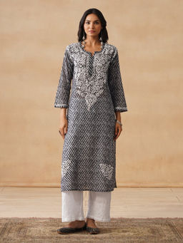 House of Chikankari - HOC Mulmul Chikankari Printed Women's Long Black Kurta
