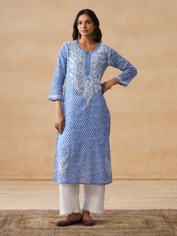 House of Chikankari - HOC Mulmul Chikankari Printed Women's Long Blue Kurta