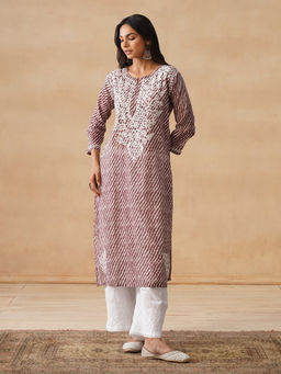 House of Chikankari - HOC Mulmul Chikankari Printed Women's Long Brown Kurta