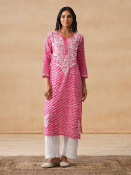 House of Chikankari - HOC Mulmul Chikankari Printed Women's Long Pink Kurta