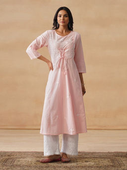 House of Chikankari - HOC Cotton Chikankari Mughal Solid Flared Women's Pink Kurta