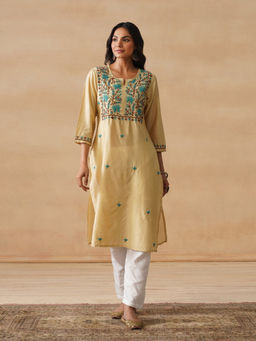 House of Chikankari - HOC Chanderi Chikankari Solid Straight Women's Beige Kurta