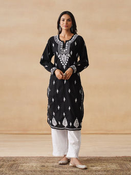 House of Chikankari - HOC Cotton Cambric Chikankari Solid Straight Women's Black Kurta