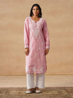 House of Chikankari - HOC Cotton Cambric Chikankari Solid Straight Women's Pink Kurta