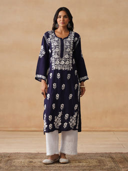 House of Chikankari - HOC Modal Chikankari Solid Women's Long Navy Blue Kurta