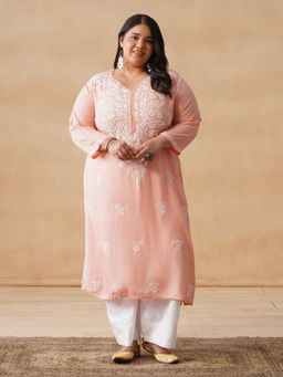 House of Chikankari - HOC Rayon Chikankari Solid Women's Long Peach Kurta