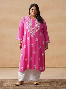 House of Chikankari - HOC Rayon Chikankari Solid Women's Long Pink Kurta