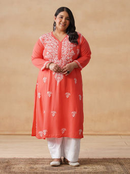 House of Chikankari - HOC Rayon Chikankari Solid Women's Long Orange Kurta