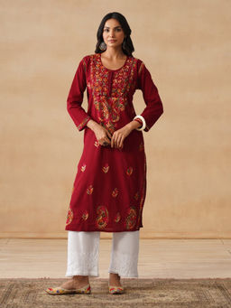 House of Chikankari - HOC Cotton Chikankari Solid Women's Long Maroon Kurta