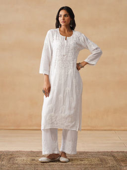 House of Chikankari - HOC Cotton Chikankari Solid Women's Long White Kurta