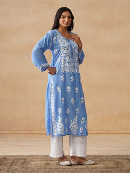 House of Chikankari - HOC Modal Chikankari Solid Women's Blue Kurta