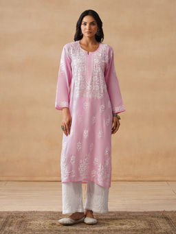 House of Chikankari - HOC Modal Chikankari Solid Women's Long Pink Kurta