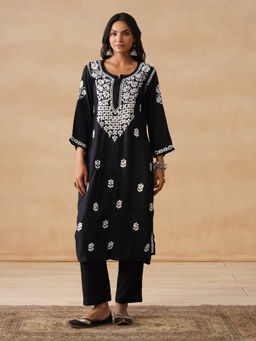 House of Chikankari - HOC Modal Chikankari Solid Women's Long Black Kurta
