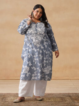 House of Chikankari - HOC Mulmul Chikankari Printed Women's Long Grey Kurta