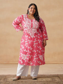 House of Chikankari - HOC Mulmul Chikankari Printed Women's Long Pink Kurta