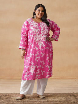 House of Chikankari - HOC Mulmul Chikankari Printed Women's Long Pink Kurta