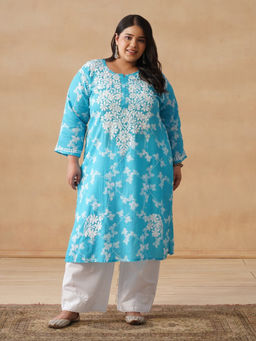 House of Chikankari - HOC Mulmul Chikankari Printed Women's Long Blue Kurta