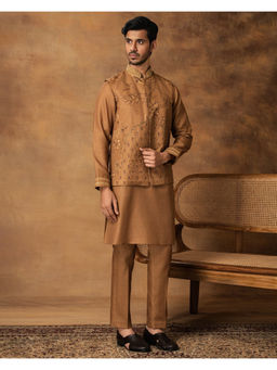 ISHA GUPTA TAYAL - Golden Floral Printed Kurta and Pant with Nehru Jacket Set