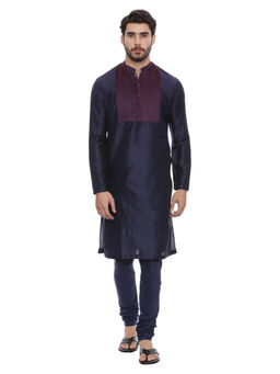 MAYANK MODI - Navy Blue Silk Blend Kurta Set With Churidar