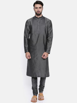 MAYANK MODI - Charcoal Grey Cotton Silk Kurta Set With Churidar