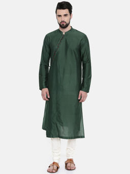 MAYANK MODI - Bottle Green Hand Embroidered Kurta Set With Churidar