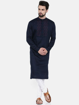 MAYANK MODI - Navy Blue Linen Satin Embroidered Kurta Set With Churidar