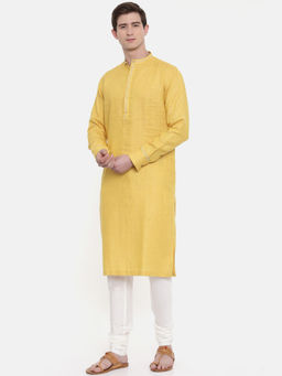 MAYANK MODI - Yellow Linen Kurta Set With Churidar