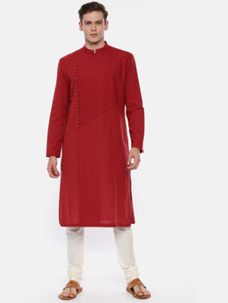 MAYANK MODI - Red Cotton Asymetric Kurta Set With Churidar