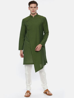 MAYANK MODI - Green Cotton Asymetric Kurta Set With Churidar