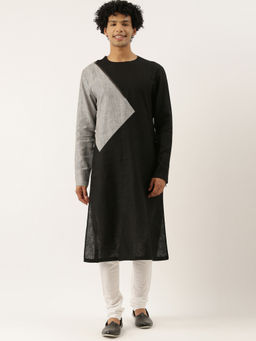 MAYANK MODI - Black Grey Checkered Linen Kurta Set With Churidar